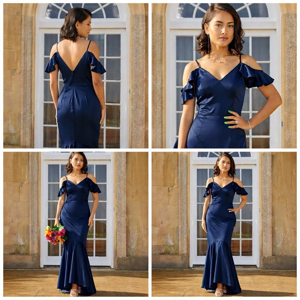 Chi Chi London Satin Cami Strap Ruffle Bodycon Dress in Navy Blue US Size 8